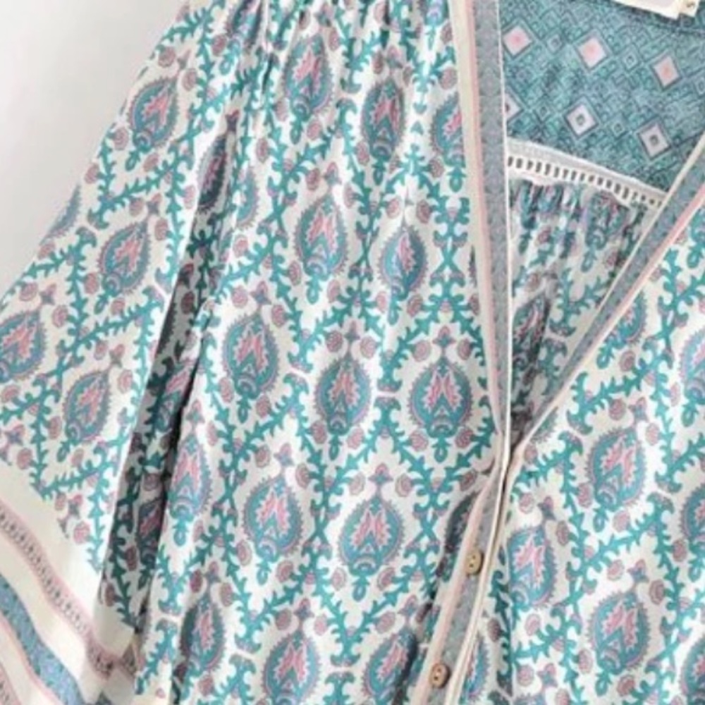 Bohemian Gypsy Print Kimono Maxi Dress Blue Cream - Picture 8 of 14